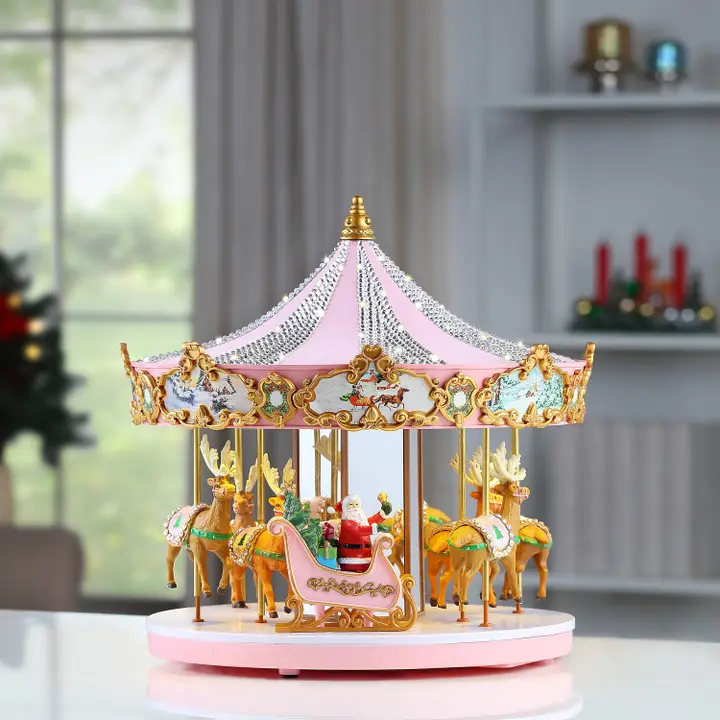 12" Animated & Musical Pink Crystal Carousel