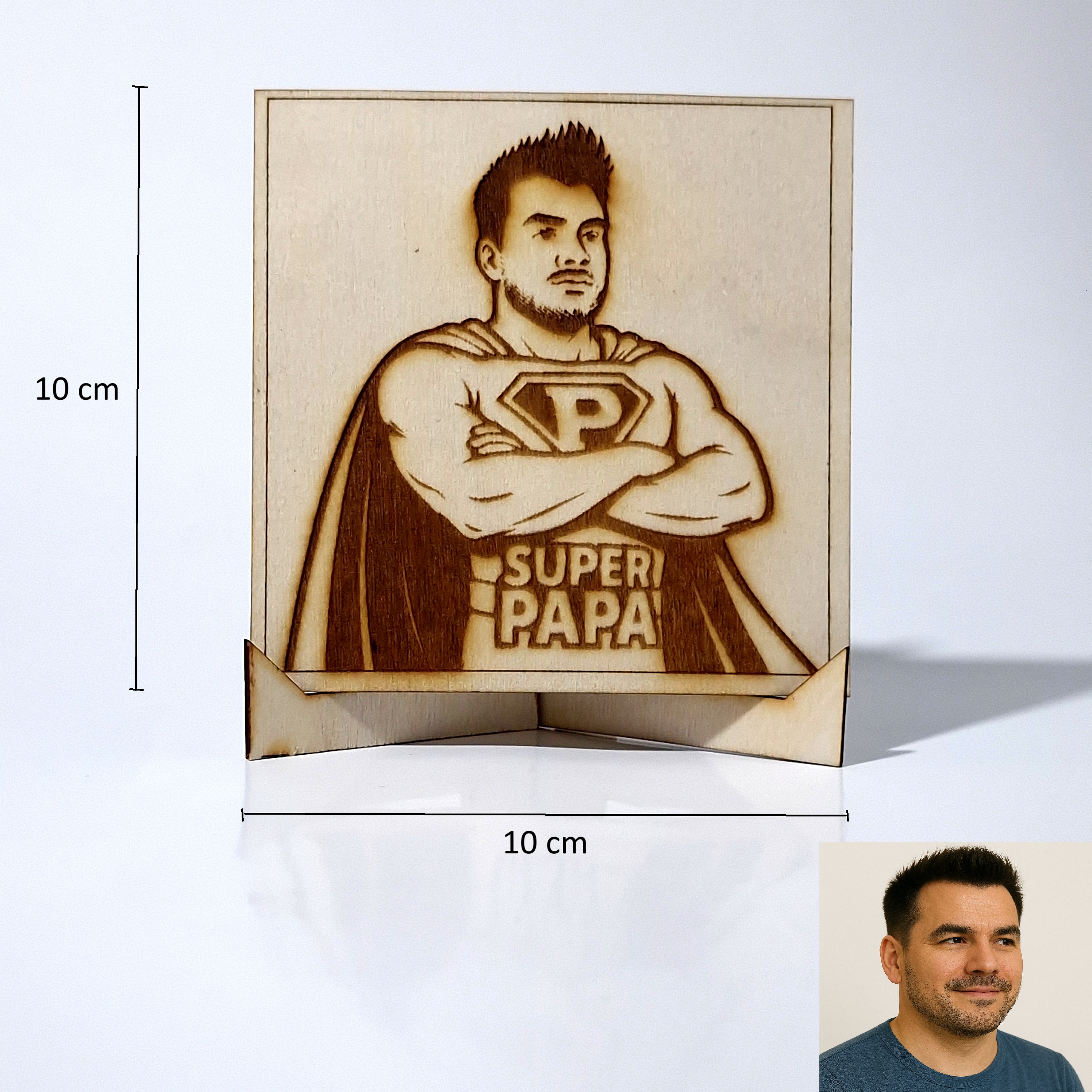 Portrait personnalisé super-héros gravé sur bois - Cadeau unique pour Papa, Maman, homme ou femme - Support en bois + boîte cadeau - Gravure sur photo - Idée cadeau fête des pères, anniversaire, Noël