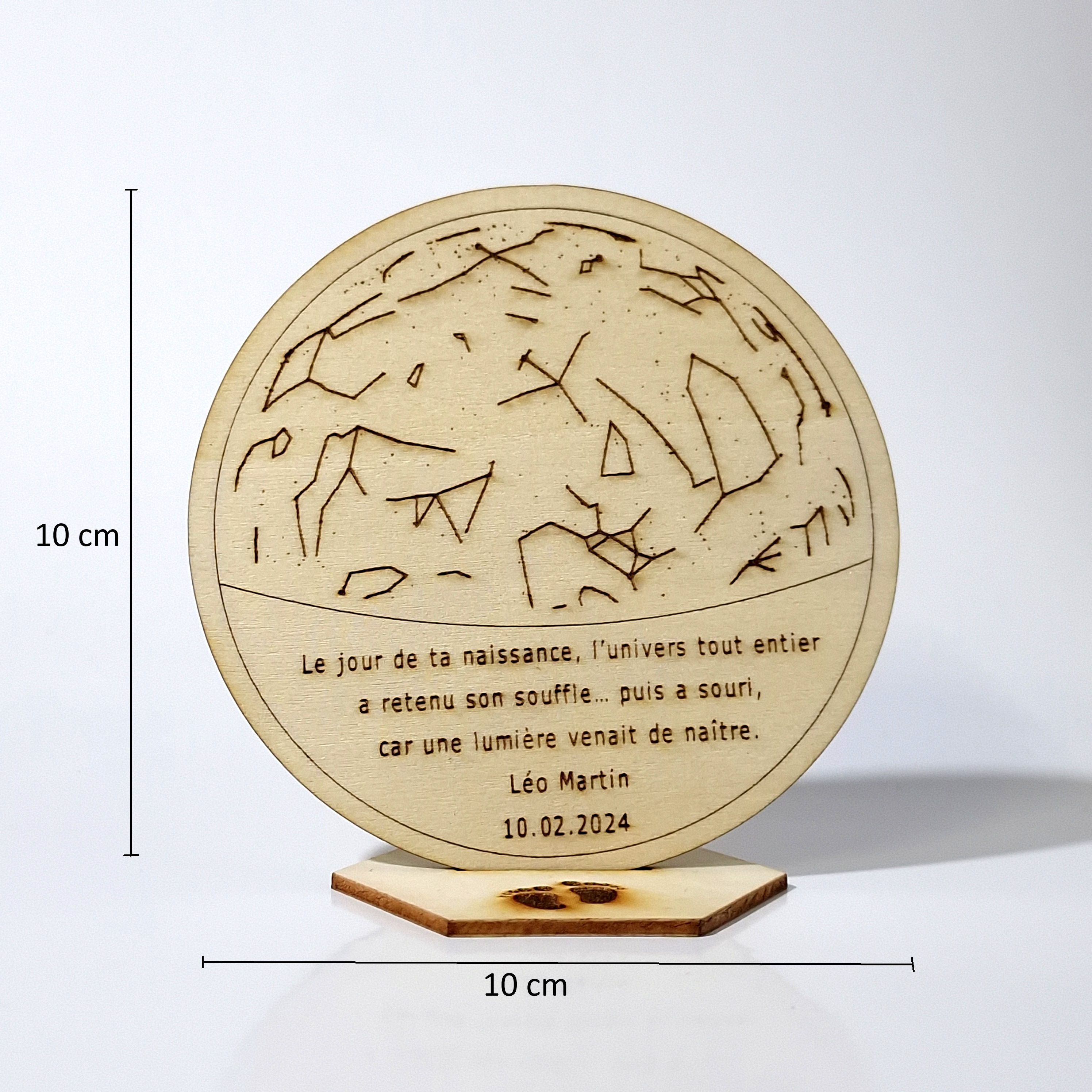 Tableau personnalisé en bois avec constellation du ciel selon date de naissance – gravure prénom et message – idée cadeau naissance, baby shower, baptême ou décoration chambre bébé