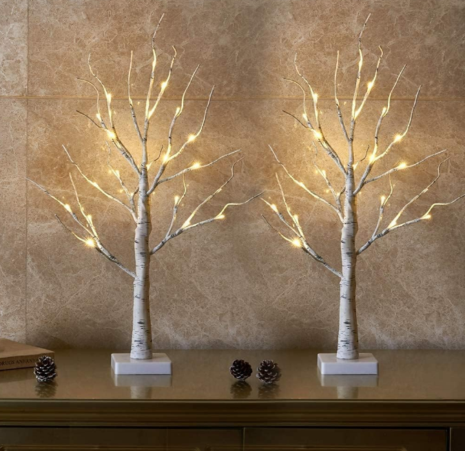 Lighted Birch Tree for Christmas Decor, Table Decorations Indoor, 2Pack 24 LED Battery Operated/USB Tabletop Mini Artificial Trees with Lights for Home Centerpiece Mantel (2FT/Warm White)