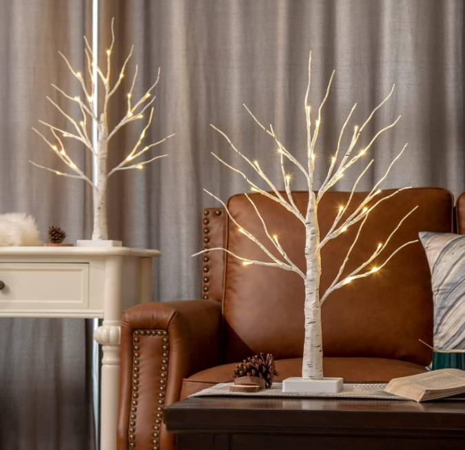 Lighted Birch Tree for Christmas Decor, Table Decorations Indoor, 2Pack 24 LED Battery Operated/USB Tabletop Mini Artificial Trees with Lights for Home Centerpiece Mantel (2FT/Warm White)