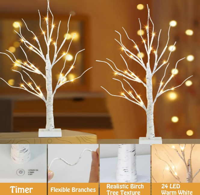 Lighted Birch Tree for Christmas Decor, Table Decorations Indoor, 2Pack 24 LED Battery Operated/USB Tabletop Mini Artificial Trees with Lights for Home Centerpiece Mantel (2FT/Warm White)
