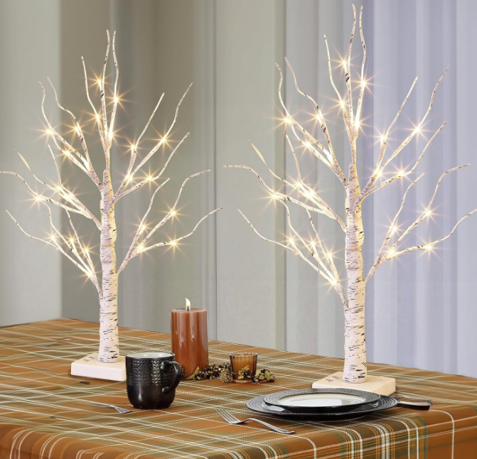 Lighted Birch Tree for Christmas Decor, Table Decorations Indoor, 2Pack 24 LED Battery Operated/USB Tabletop Mini Artificial Trees with Lights for Home Centerpiece Mantel (2FT/Warm White)