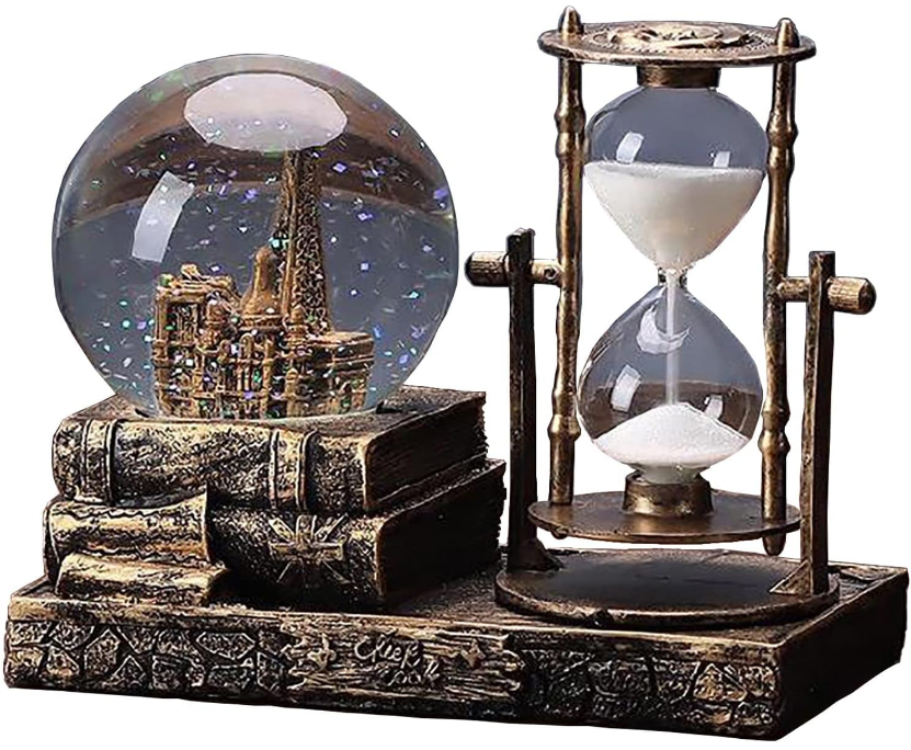 LED Music Crystal Snow Globe with Hourglass Vintage Paris Eiffel Tower Home Decoration for Living Room Bedroom Book Shelf TV Cabinet Desktop Decor Table Centerpieces Ornaments (A - Brass)