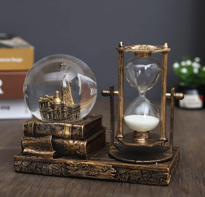 LED Music Crystal Snow Globe with Hourglass Vintage Paris Eiffel Tower Home Decoration for Living Room Bedroom Book Shelf TV Cabinet Desktop Decor Table Centerpieces Ornaments (A - Brass)