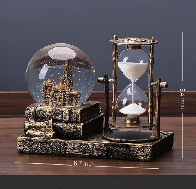 LED Music Crystal Snow Globe with Hourglass Vintage Paris Eiffel Tower Home Decoration for Living Room Bedroom Book Shelf TV Cabinet Desktop Decor Table Centerpieces Ornaments (A - Brass)