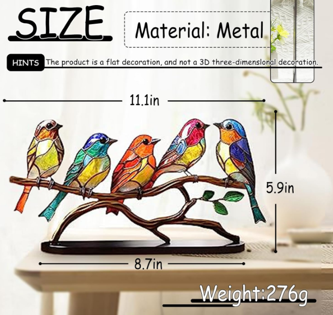 Stained Birds On Branch Desktop Ornaments Double Sided Metal flatness Table Art Home Room Decoration Suitable for Office Wine Cooler Decor(5 birds on a branch)