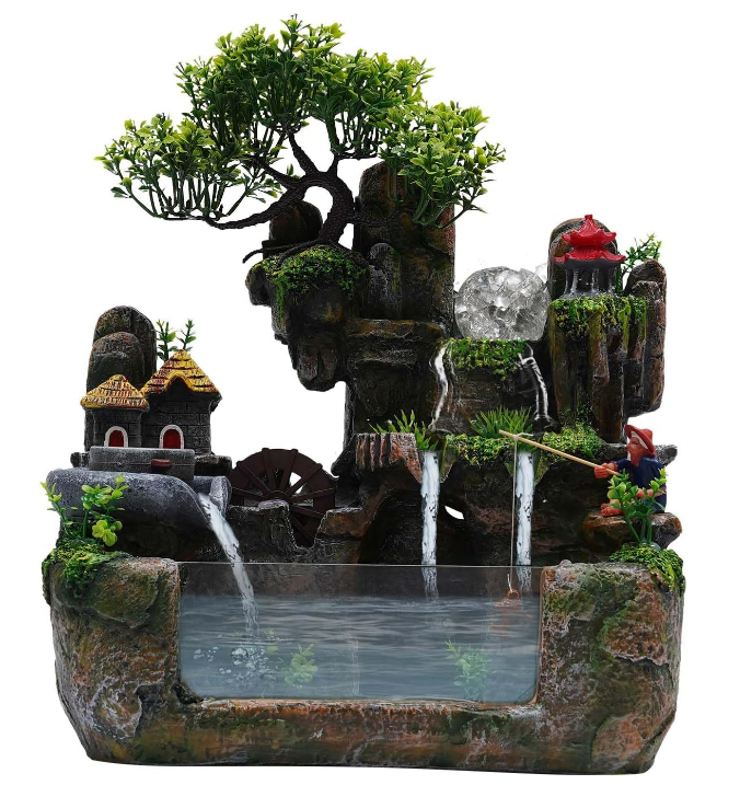 Indoor Rockery Waterfall Fountain, Atomizing Waterfall Rockery Stone Tabletop Simulation Landscape Ornaments w/Waterfall & LED Colorful Lights for Office Home Bedroom Desk Decoration, Relieve Stres
