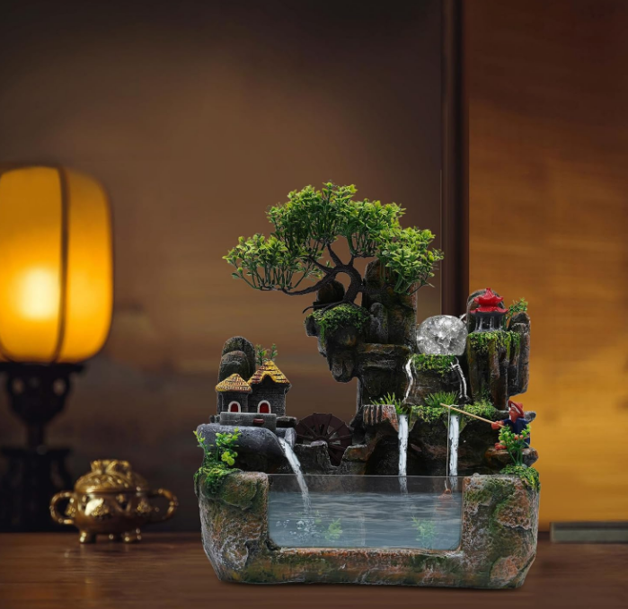 Indoor Rockery Waterfall Fountain, Atomizing Waterfall Rockery Stone Tabletop Simulation Landscape Ornaments w/Waterfall & LED Colorful Lights for Office Home Bedroom Desk Decoration, Relieve Stres