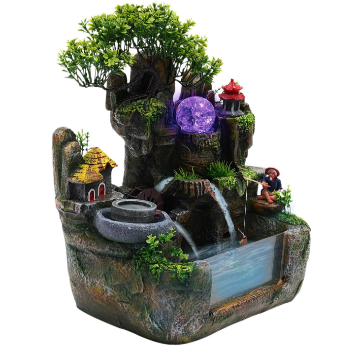 Indoor Rockery Waterfall Fountain, Atomizing Waterfall Rockery Stone Tabletop Simulation Landscape Ornaments w/Waterfall & LED Colorful Lights for Office Home Bedroom Desk Decoration, Relieve Stres