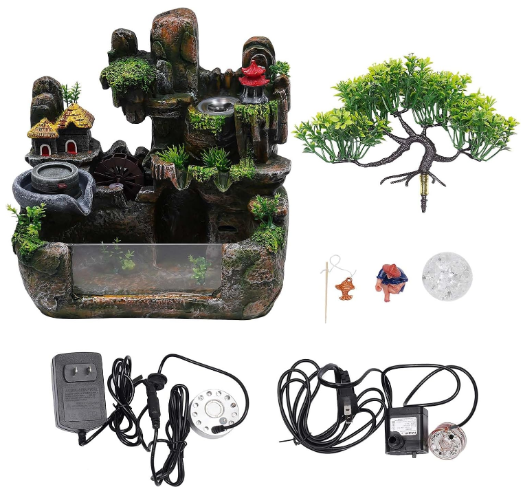 Indoor Rockery Waterfall Fountain, Atomizing Waterfall Rockery Stone Tabletop Simulation Landscape Ornaments w/Waterfall & LED Colorful Lights for Office Home Bedroom Desk Decoration, Relieve Stres