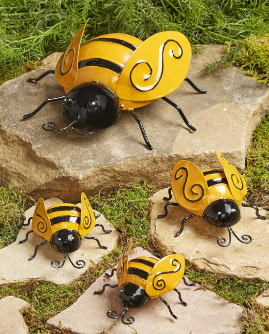 Decorative Metal Bumble Bee Garden Accents - Lawn Ornaments - Set of 4