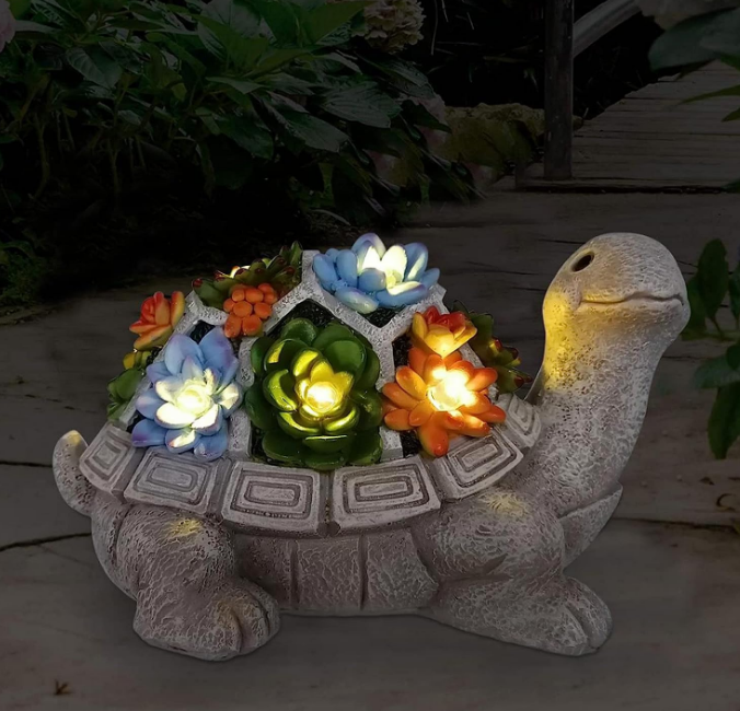 Solar Garden Outdoor Statues Turtle with Succulent and 7 LED Lights - Lawn Decor Tortoise Statue for Patio, Balcony, Yard Ornament - Unique Housewarming Gifts