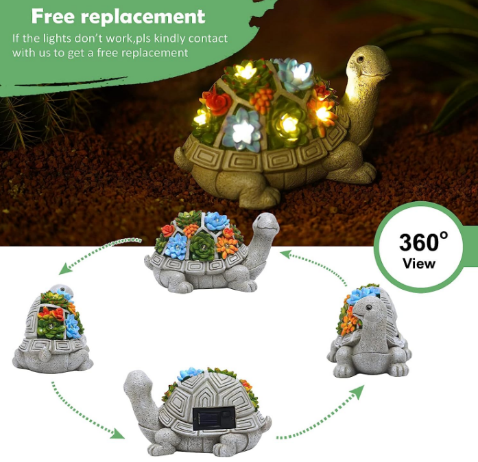 Solar Garden Outdoor Statues Turtle with Succulent and 7 LED Lights - Lawn Decor Tortoise Statue for Patio, Balcony, Yard Ornament - Unique Housewarming Gifts