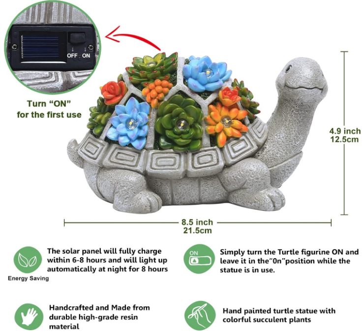 Solar Garden Outdoor Statues Turtle with Succulent and 7 LED Lights - Lawn Decor Tortoise Statue for Patio, Balcony, Yard Ornament - Unique Housewarming Gifts