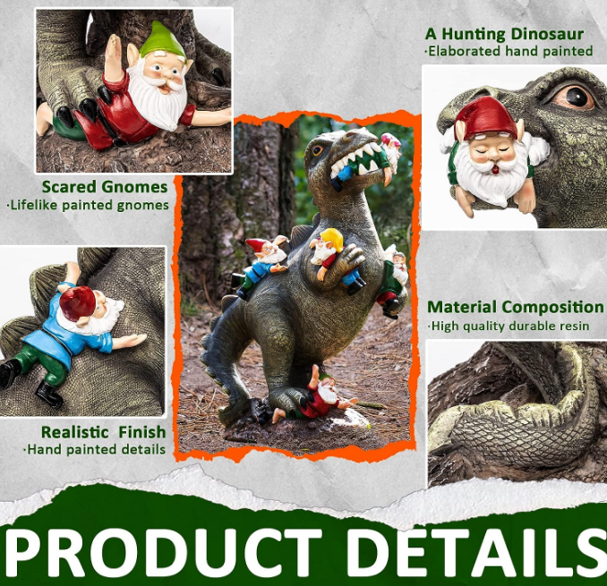 Garden Gnomes Statues Yard Decorations Outdoor Garden Decor, 14” Dinosaur Gnomes Garden Statues, Patio, Lawn Ornament, Gardening Gifts for Women for Housewarming