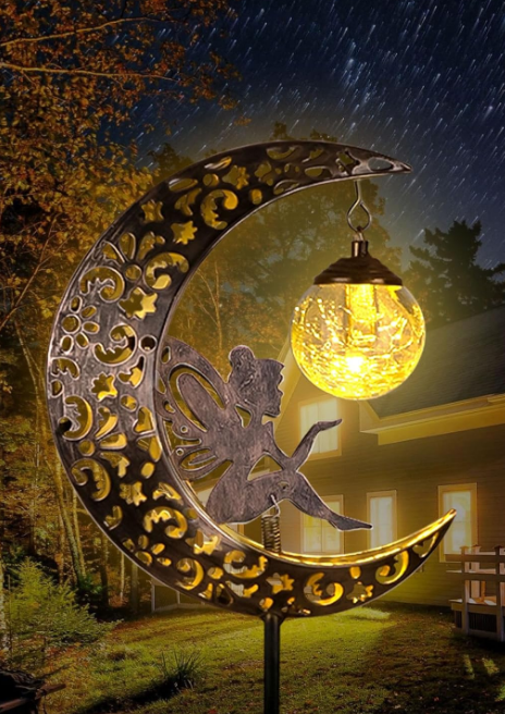 Solar Garden Lights Outdoor Decor,Moon Fairy Crackle Glass Lights,Waterproof Warm White LED Metal Stake Ornament,for Walkway Backyard Patio Lawn Pathway Decorations-Unique Gift Ideas for Gardening
