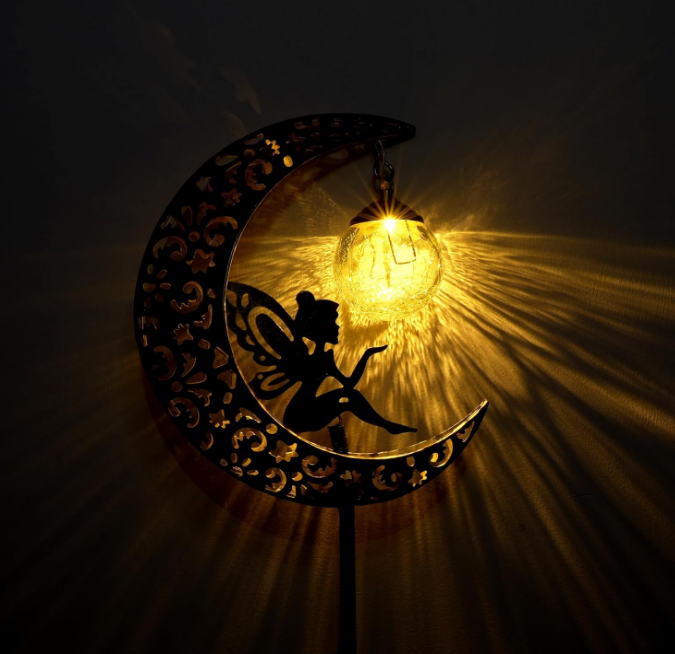Solar Garden Lights Outdoor Decor,Moon Fairy Crackle Glass Lights,Waterproof Warm White LED Metal Stake Ornament,for Walkway Backyard Patio Lawn Pathway Decorations-Unique Gift Ideas for Gardening