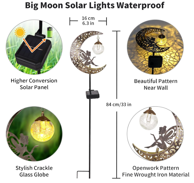 Solar Garden Lights Outdoor Decor,Moon Fairy Crackle Glass Lights,Waterproof Warm White LED Metal Stake Ornament,for Walkway Backyard Patio Lawn Pathway Decorations-Unique Gift Ideas for Gardening
