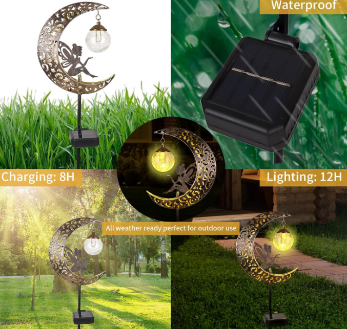Solar Garden Lights Outdoor Decor,Moon Fairy Crackle Glass Lights,Waterproof Warm White LED Metal Stake Ornament,for Walkway Backyard Patio Lawn Pathway Decorations-Unique Gift Ideas for Gardening