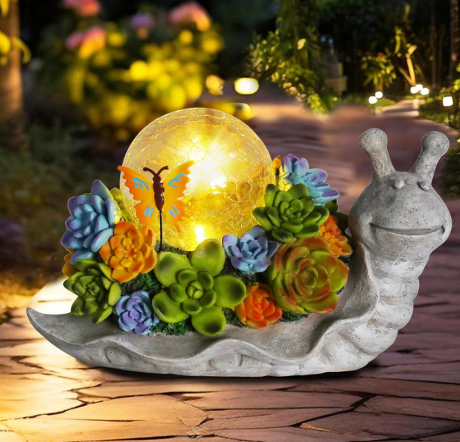  Solar Garden Statues Outdoor Figurines Snail with Succulent Lawn Ornament with Solar Lights Cracked Glass Outdoor Decor for Patio Yard Decorations Gift