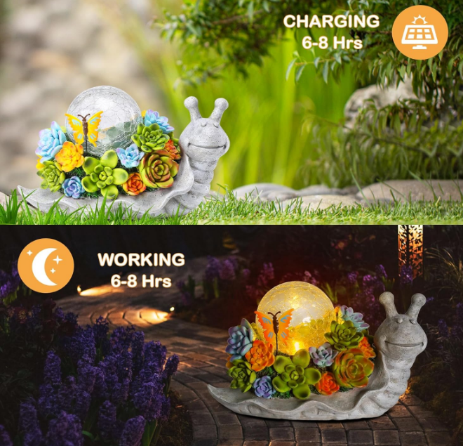  Solar Garden Statues Outdoor Figurines Snail with Succulent Lawn Ornament with Solar Lights Cracked Glass Outdoor Decor for Patio Yard Decorations Gift