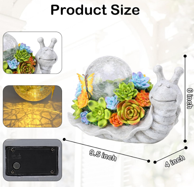  Solar Garden Statues Outdoor Figurines Snail with Succulent Lawn Ornament with Solar Lights Cracked Glass Outdoor Decor for Patio Yard Decorations Gift