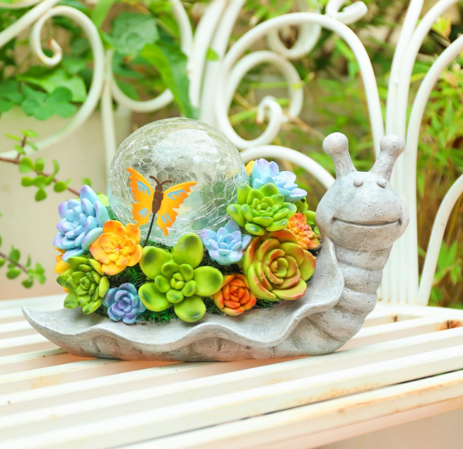  Solar Garden Statues Outdoor Figurines Snail with Succulent Lawn Ornament with Solar Lights Cracked Glass Outdoor Decor for Patio Yard Decorations Gift