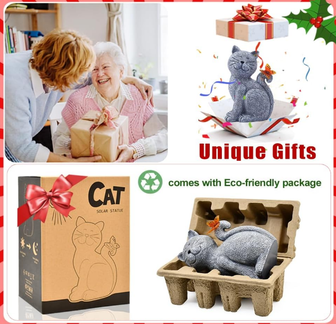 Solar Cat Outdoor Statues for Garden: Outside Decor with Butterfly Clearance for Yard Art Lawn Ornaments Porch Patio Balcony Home House - Birthday Gifts for Grandma Mom Women