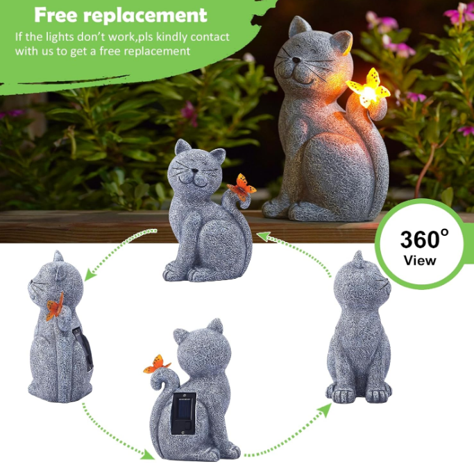 Solar Cat Outdoor Statues for Garden: Outside Decor with Butterfly Clearance for Yard Art Lawn Ornaments Porch Patio Balcony Home House - Birthday Gifts for Grandma Mom Women