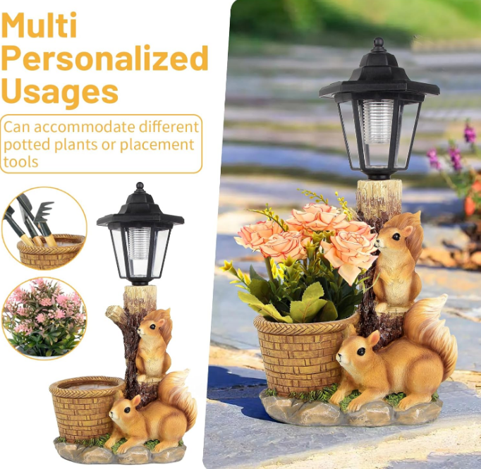 Outdoor Squirrels Flowerpot Garden Statues Sculpture Figurine Decor Solar Powered Light Planter Succulent for Patio Lawn Yard Balcony Ornament - Housewarming Gift(Squirrel)