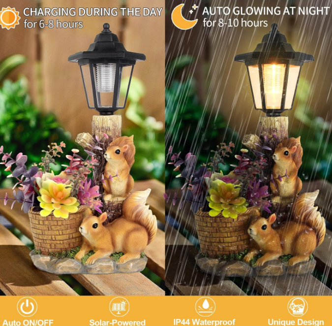 Outdoor Squirrels Flowerpot Garden Statues Sculpture Figurine Decor Solar Powered Light Planter Succulent for Patio Lawn Yard Balcony Ornament - Housewarming Gift(Squirrel)
