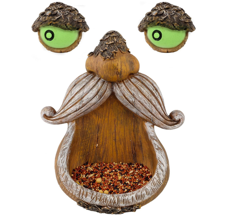 Tree Face Decor Bird Feeder Outdoor, Eyes Glow in Dark Fun Old Man Tree Hugger Sculpture Yard Art Garden Lawn Ornament Decoration