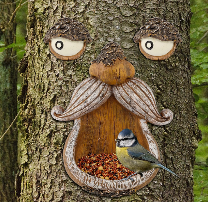 Tree Face Decor Bird Feeder Outdoor, Eyes Glow in Dark Fun Old Man Tree Hugger Sculpture Yard Art Garden Lawn Ornament Decoration