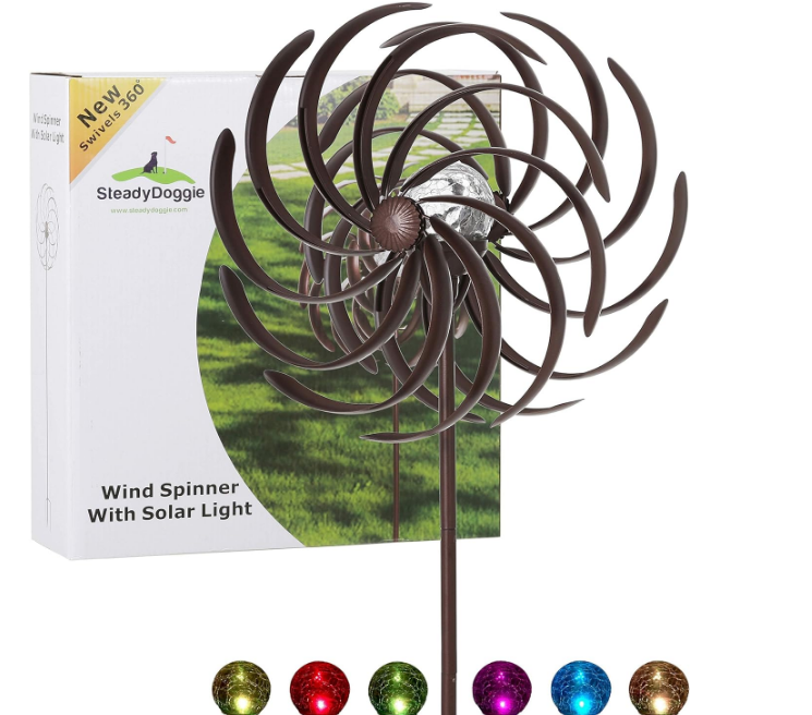 Solar Wind Spinner Willow Leaves-Improved 360 Degrees Swivel Multi-Color LED Lighting Solar Powered Glass Ball with Kinetic Wind Spinner-Metal Sculpture Construction-Outdoor Yard Lawn & Garden