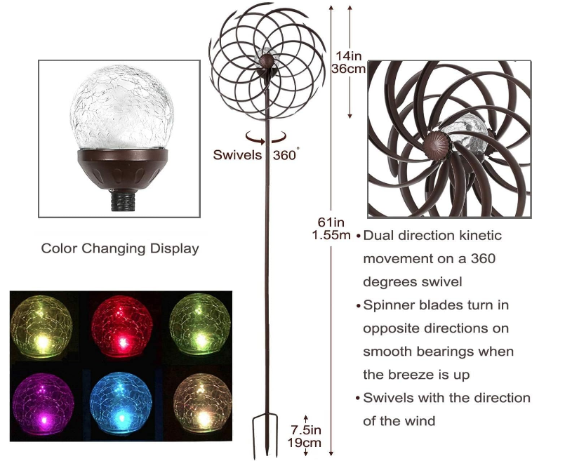 Solar Wind Spinner Willow Leaves-Improved 360 Degrees Swivel Multi-Color LED Lighting Solar Powered Glass Ball with Kinetic Wind Spinner-Metal Sculpture Construction-Outdoor Yard Lawn & Garden