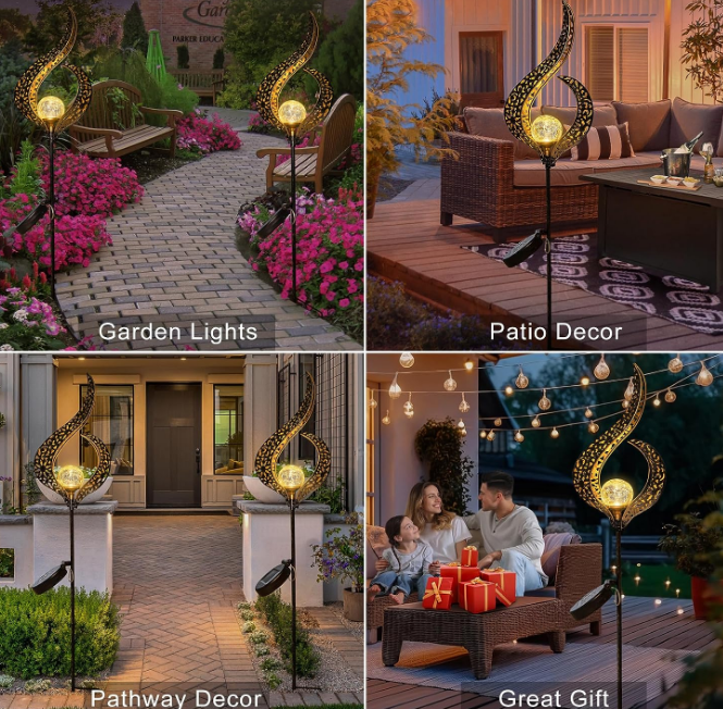 Outdoor Garden Solar Lights Stake Lights, Crackle Glass Globe,Metal Flower Waterproof LED Fairy Lights for Pathway,Lawn,Patio or Courtyard,Gardening Gift (Bronze)