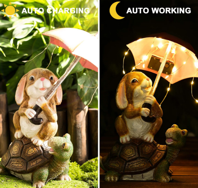 Solar Garden Statues Rabbit Turtle Garden Decor Figurine Lights for Outside, Yard Decorations Outdoor Housewarming Gifts for Mom, Women for Mothers Day