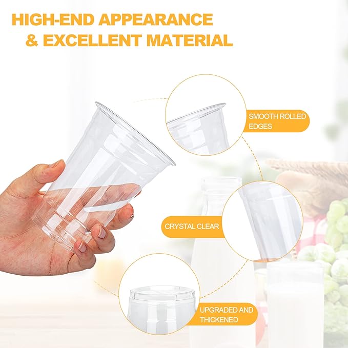 100 Count - 16 Ounce Plastic Cups, Ice Coffee Cups To Go - Crystal Clear PET Party Cups