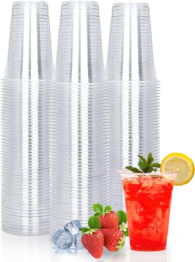 100 Count - 16 Ounce Plastic Cups, Ice Coffee Cups To Go - Crystal Clear PET Party Cups