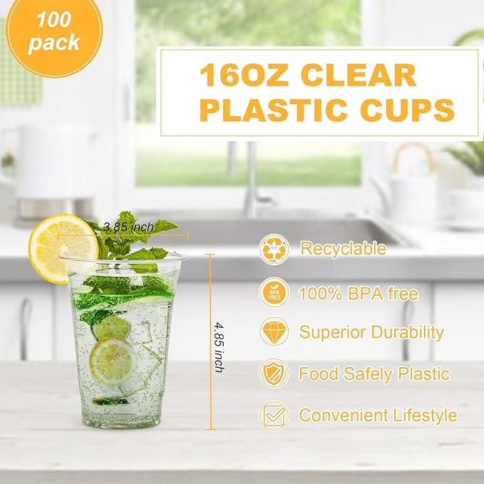 100 Count - 16 Ounce Plastic Cups, Ice Coffee Cups To Go - Crystal Clear PET Party Cups