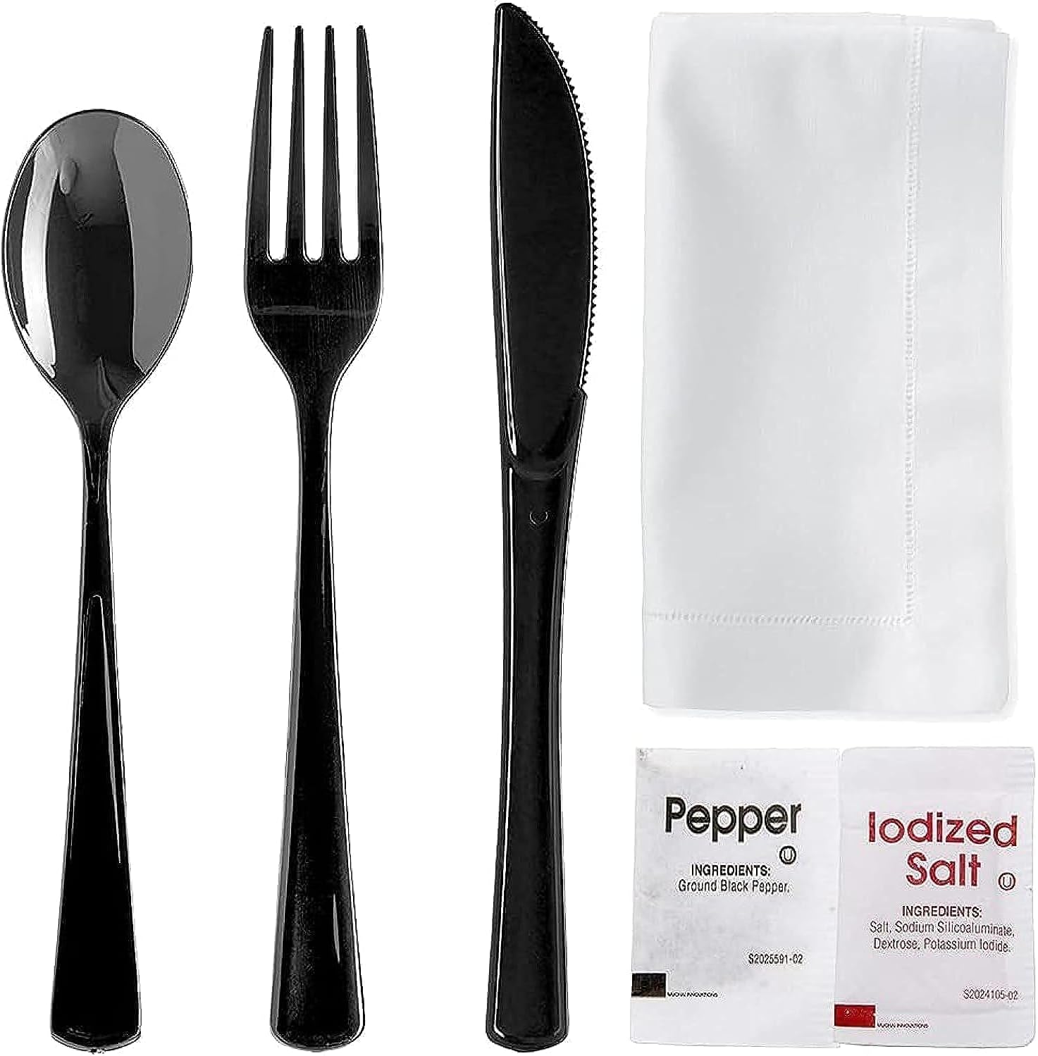 Heavy Duty Plastic Cutlery Set | Fork Knives Spoons Salt Pepper Napkins Condiment Packet |Individually Wrapped Suitable for Birthday Parties, Picnics, Camping (Black 50)