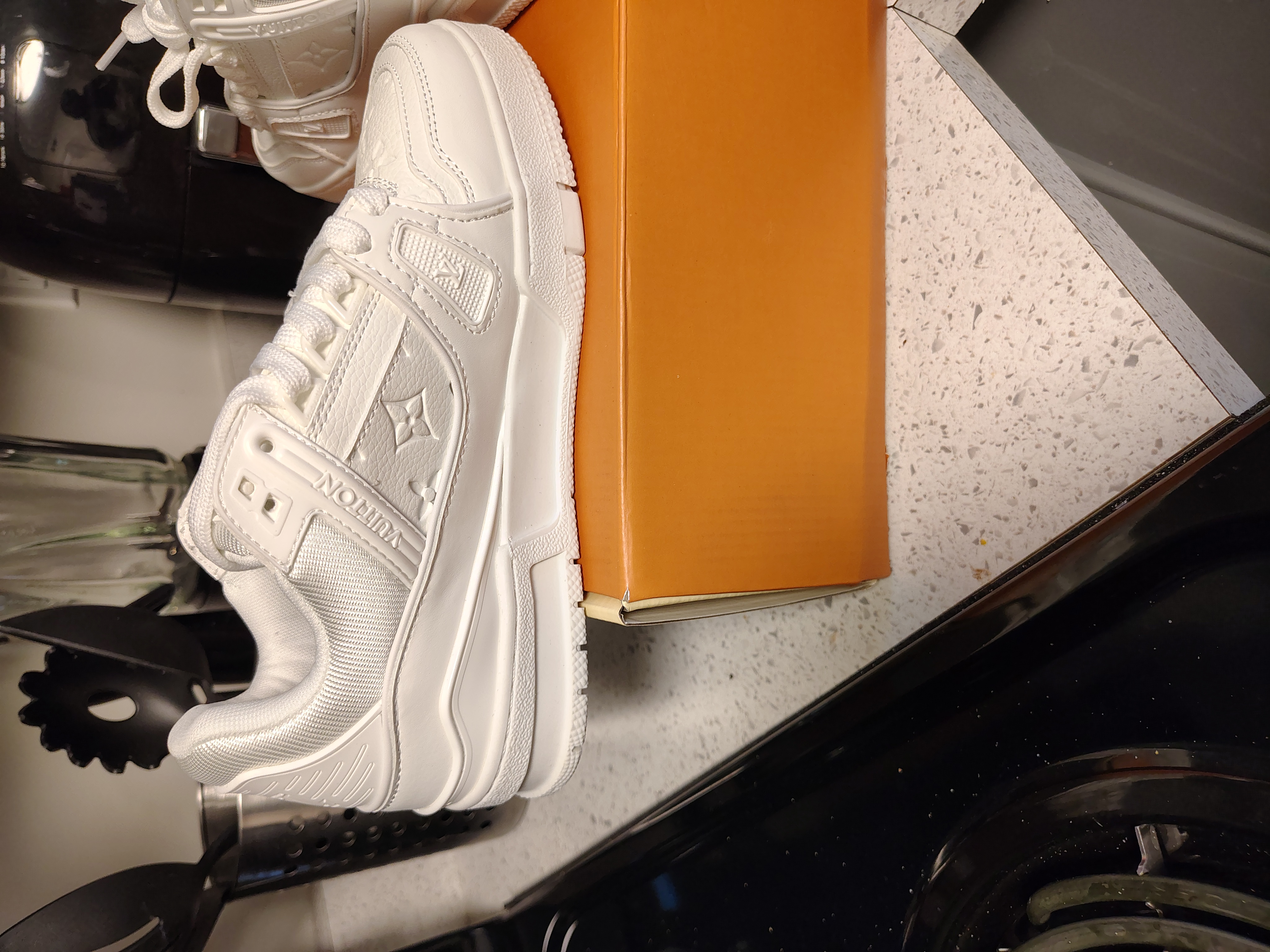 Louis Vuitton LV Trainer Women's Size 8.5 Men's 7 Triple White Custom Sneakers