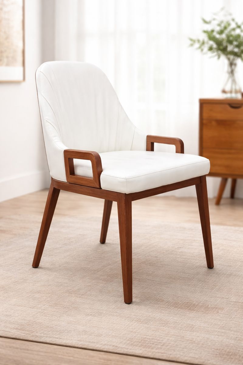 Modern Upholstered Dining Chair with Wooden Arms – White & Walnut