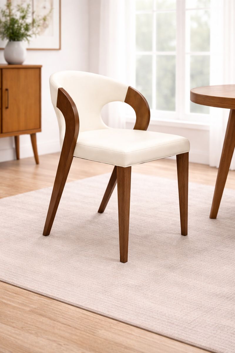 Modern Cutout-Back Dining Chair – Cream Upholstery & Walnut Frame