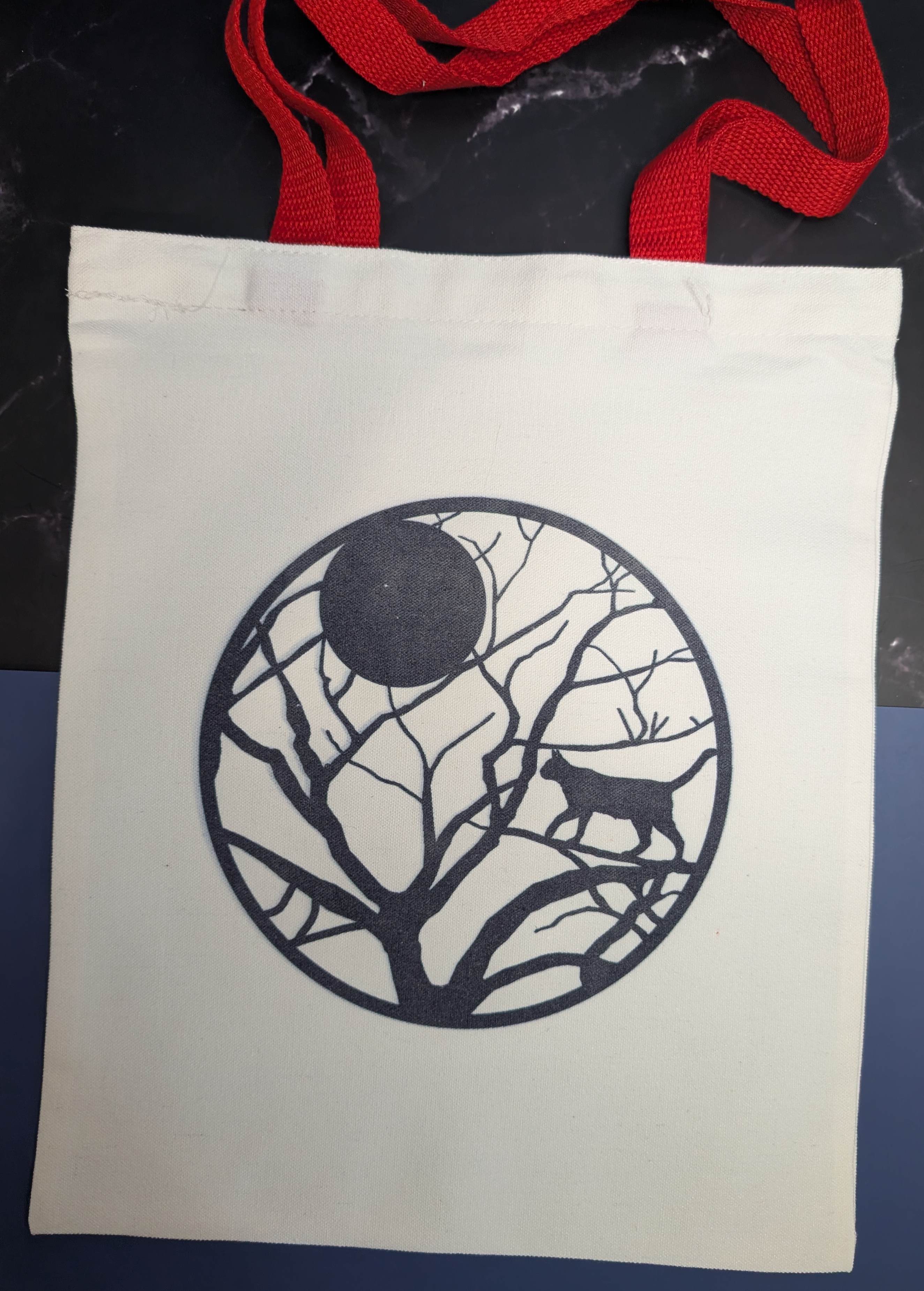 Canvas Tote Bag with Cat and Full moon Design