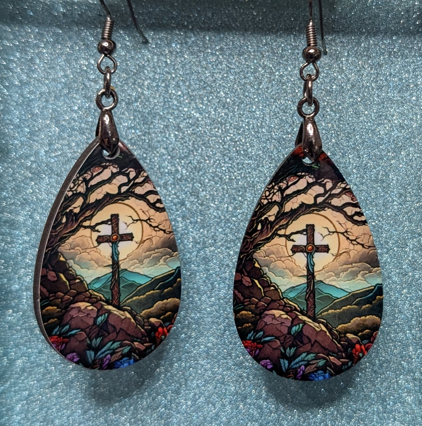Cross and Mountain Scene Teardrop Earrings