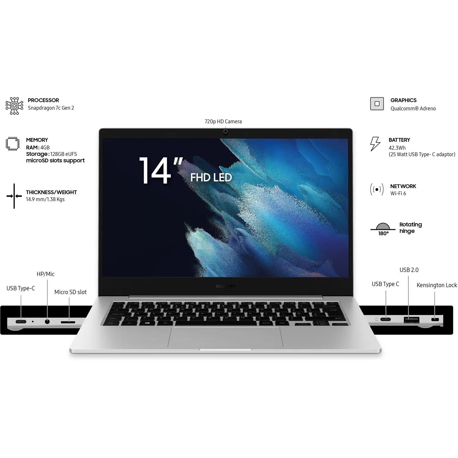 Samsung Galaxy Book Go NP340XLA-KA1IN | Qualcomm Snapdragon 7c Gen 2, 4GB, 128GB eMMC Storage,14 Inch, Windows 