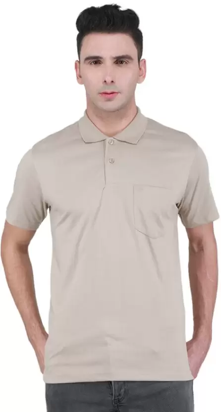 Men Solid Polo Neck Poly Cotton Beige T-Shirt