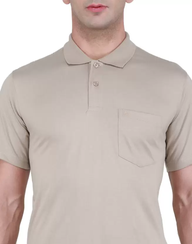 Men Solid Polo Neck Poly Cotton Beige T-Shirt